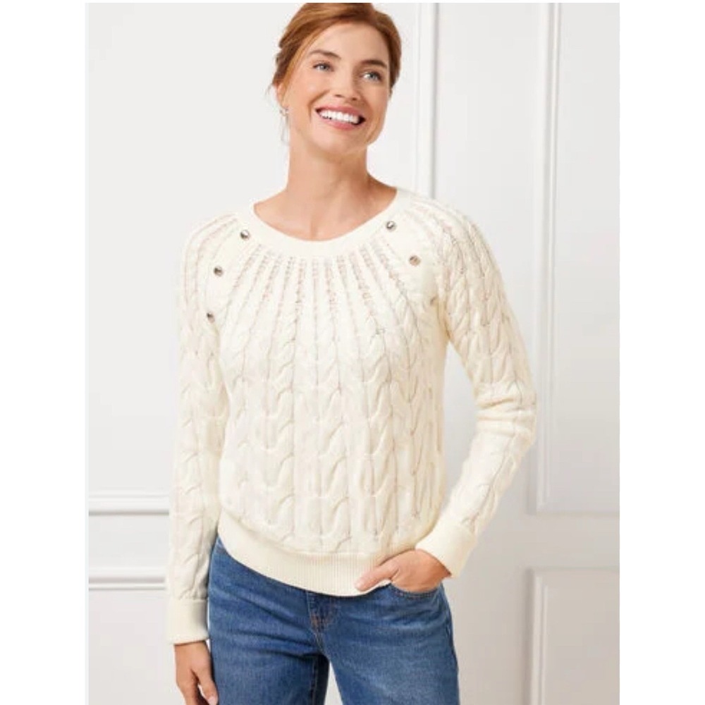 Women's Raglan Cable‎ Knit Cream Small Sweater With Buttons TALBOTS